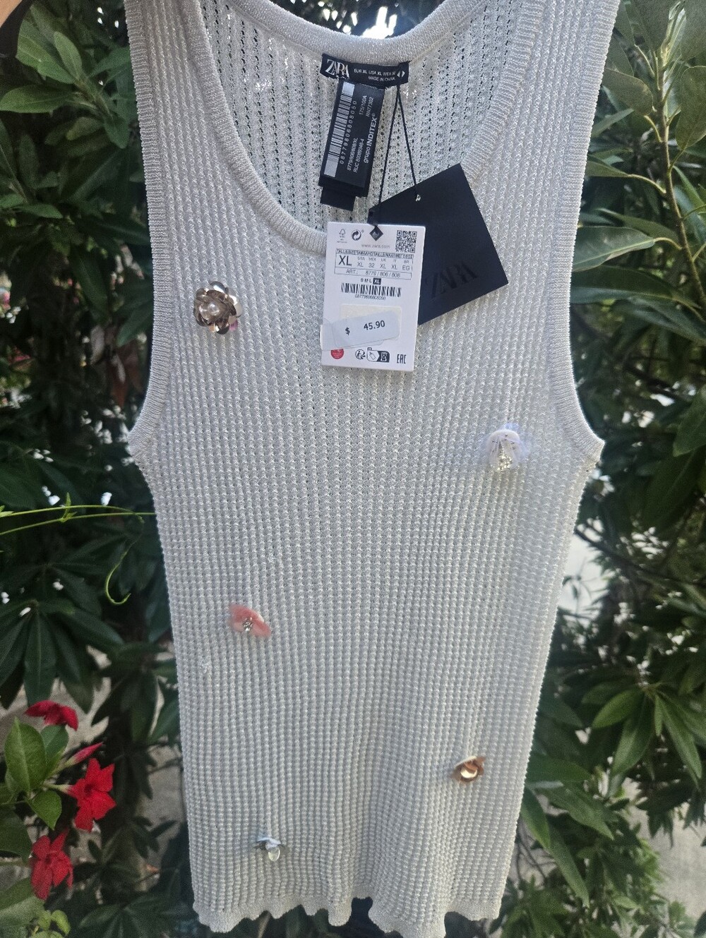 NWT ZARA Knit Tank Top With Flower Embellishments XL